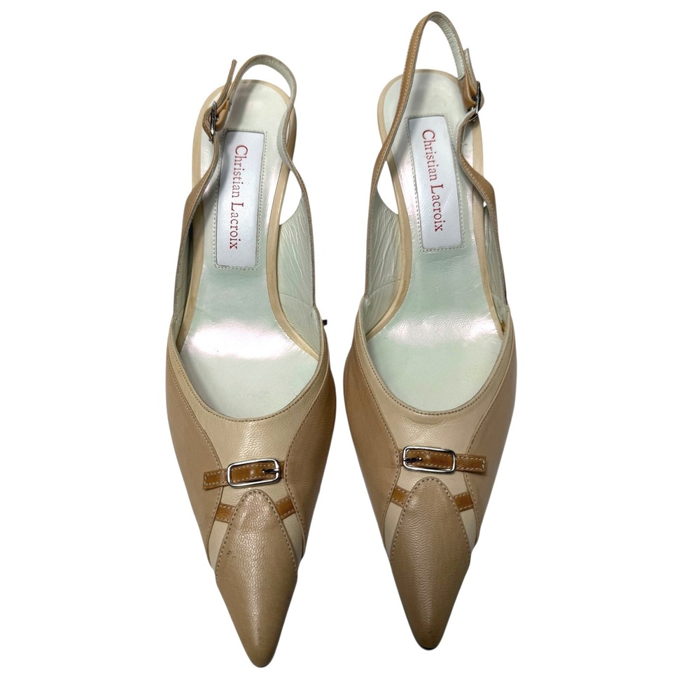 Christian Lacroix‎ Slingback Heels Pointed Toe Buckle Detail Beige Leather Pumps